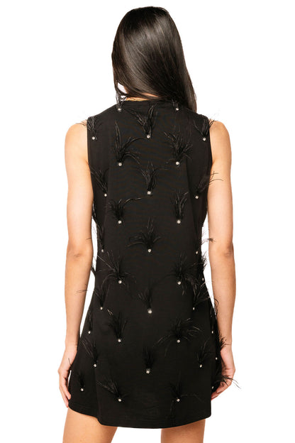 Queen of Sparkles Black Sequin Tiger Face Rhinestone Feather Tank Dress
