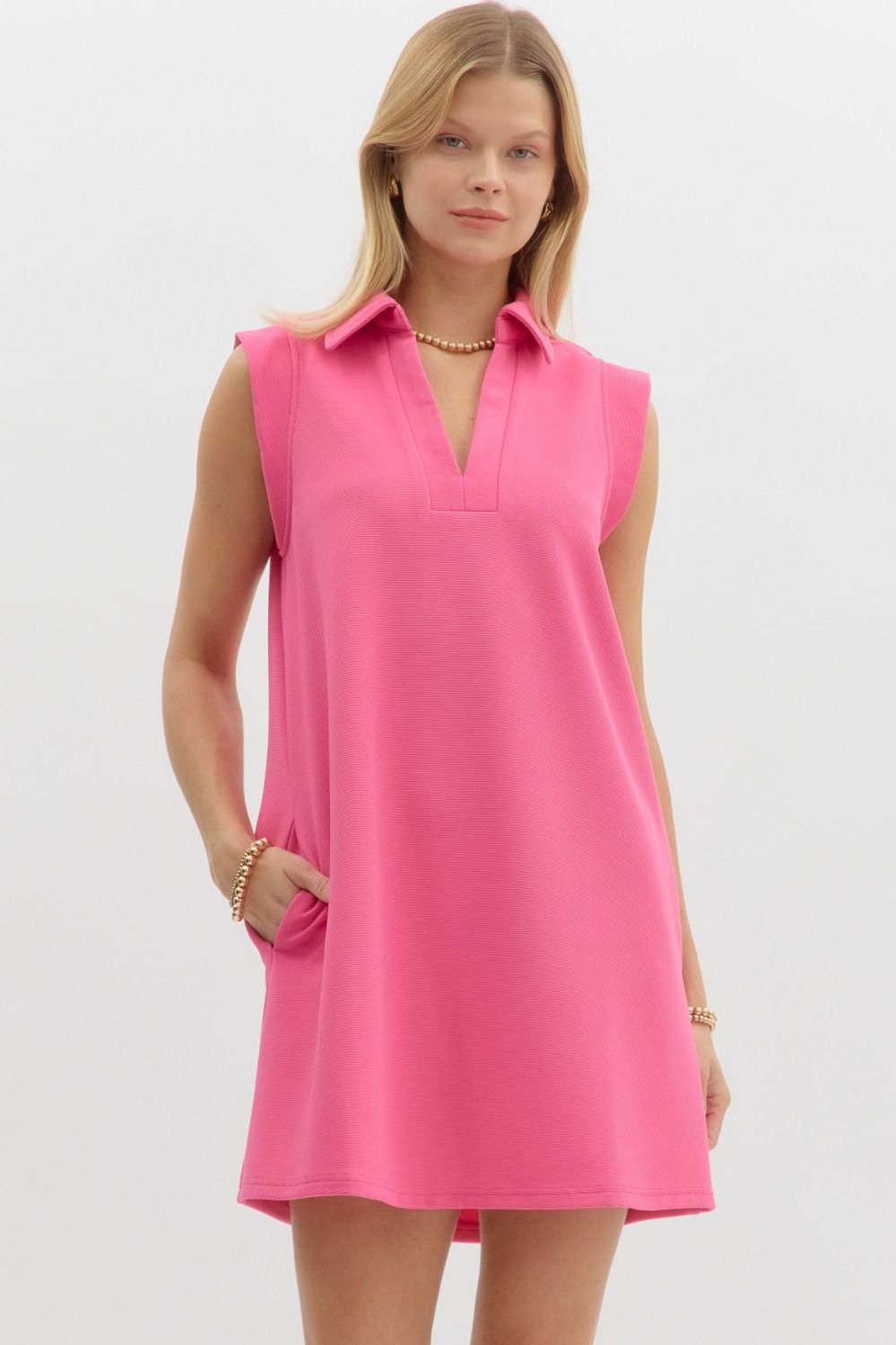 Textured Solid Pink V Neck Dress