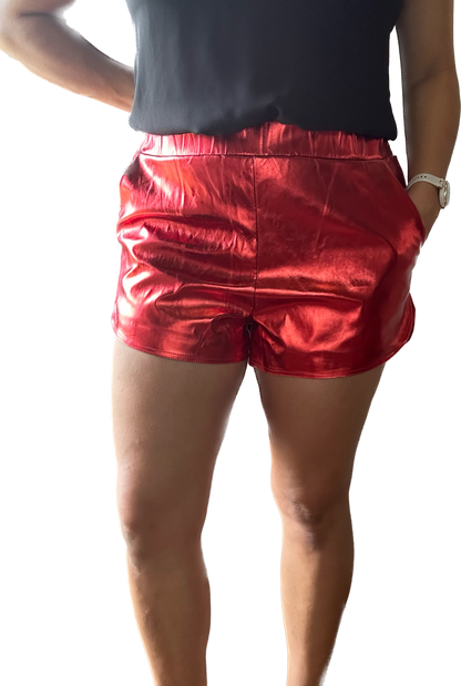 Red Metallic Faux Leather Shorts