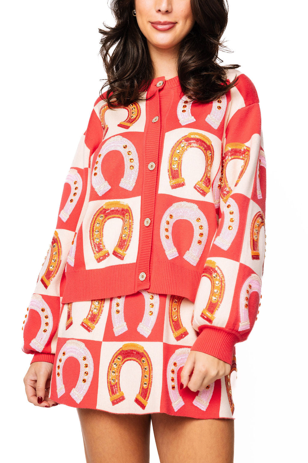 Queen of Sparkles Hot Pink Checkered Horse Shoe Sweater