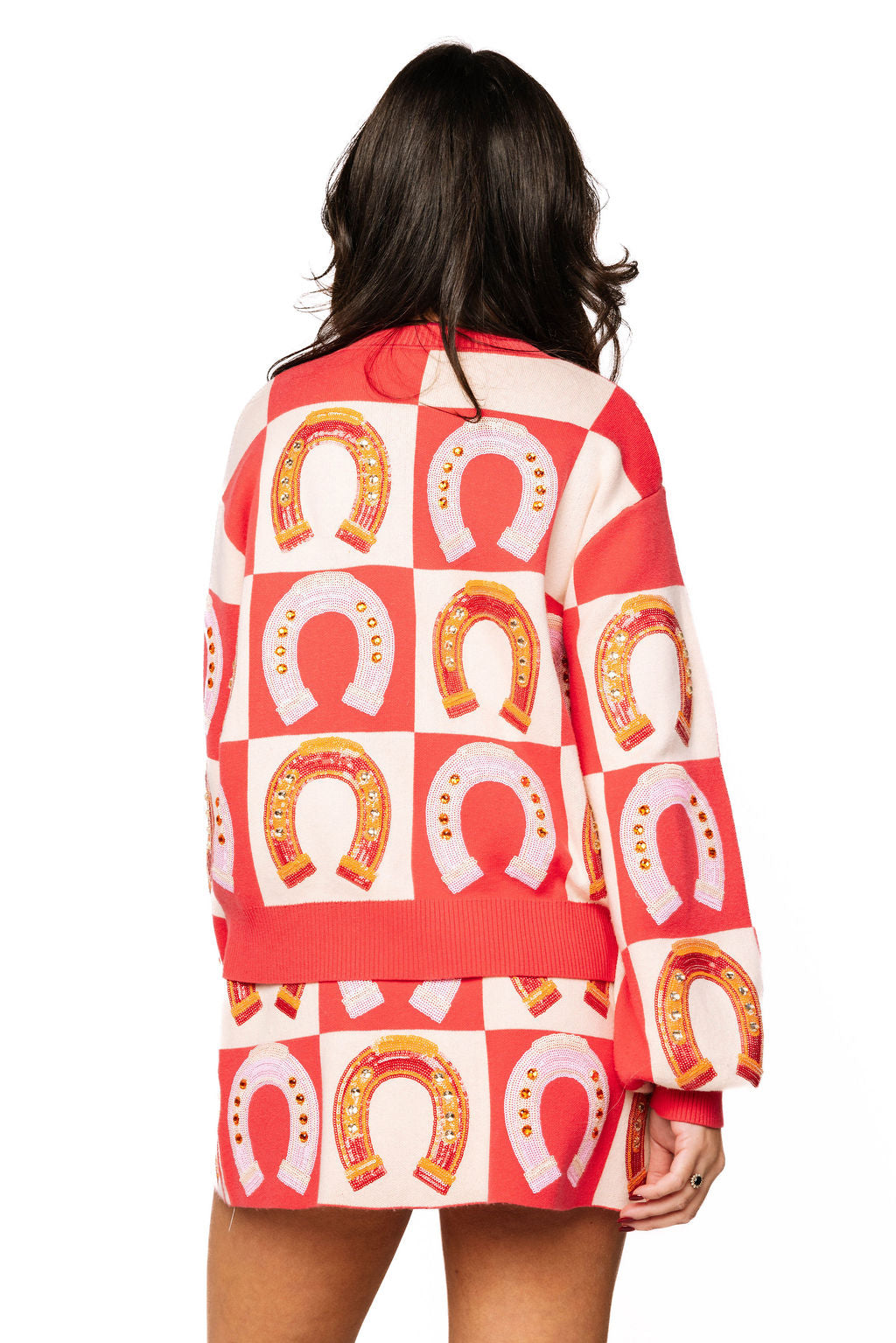 Queen of Sparkles Hot Pink Checkered Horse Shoe Sweater