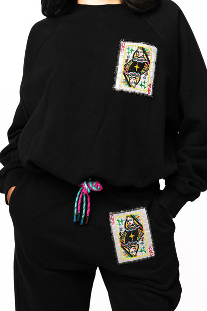 Queen of Sparkles Black QOS Card Rhinestone Tie Sweatshirt