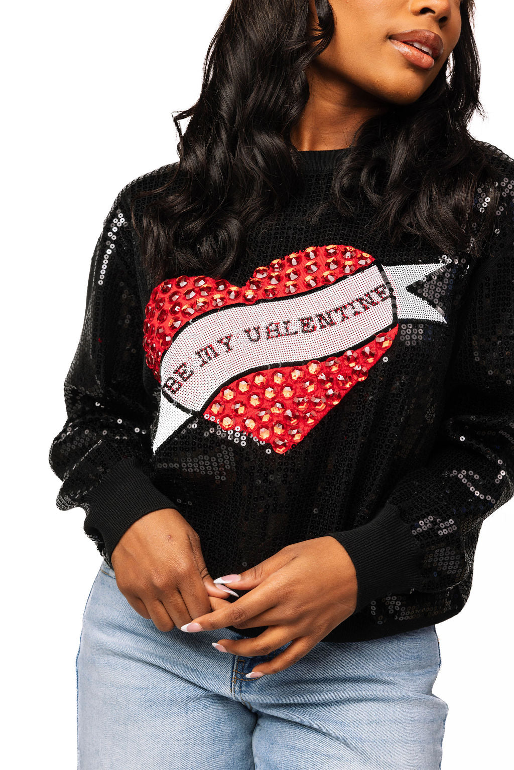 Queen of Sparkles Black Full Sequin Be My Valentine Jewel Heart Sweater