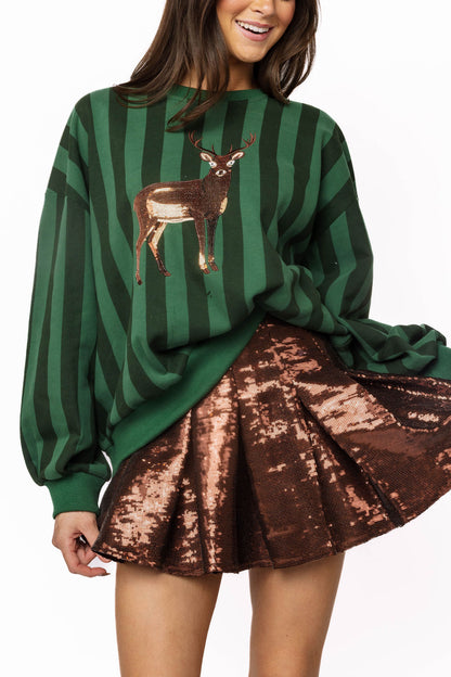 Queen of Sparkles Green Striped Deer Sweater