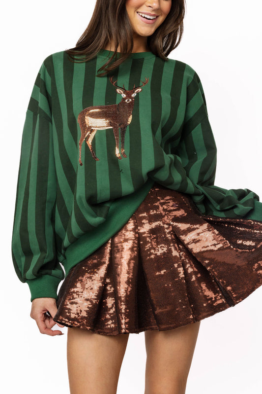 Queen of Sparkles Green Striped Deer Sweatershirt