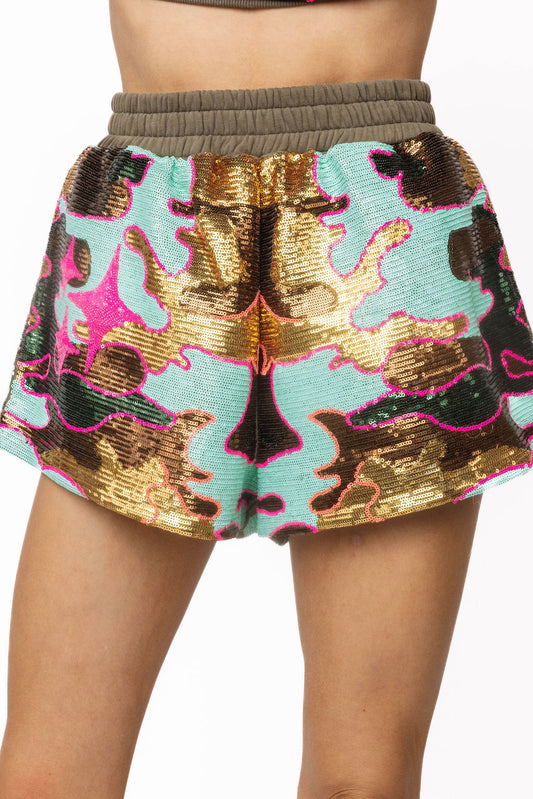 Queen of Sparkles Mint Sequin Camo Short