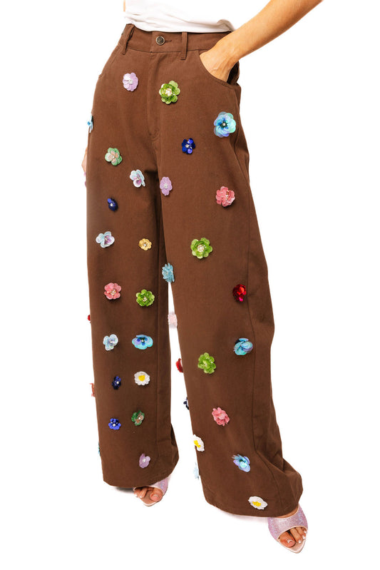 Queen of Sparkles Brown Multi Sequin Flower Barrel Jeans