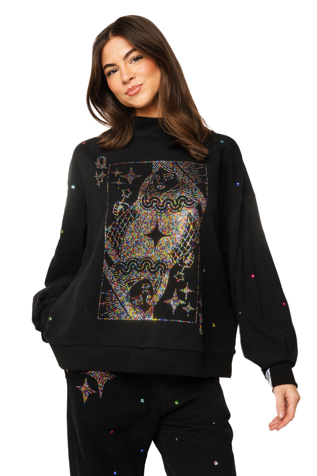 Queen of Sparkles Black Rainbow Rhinestone Qos Card Logo Mock Neck Sweatshirt