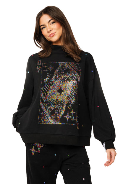Queen of Sparkles Black Rainbow Rhinestone Qos Card Logo Mock Neck Sweatshirt