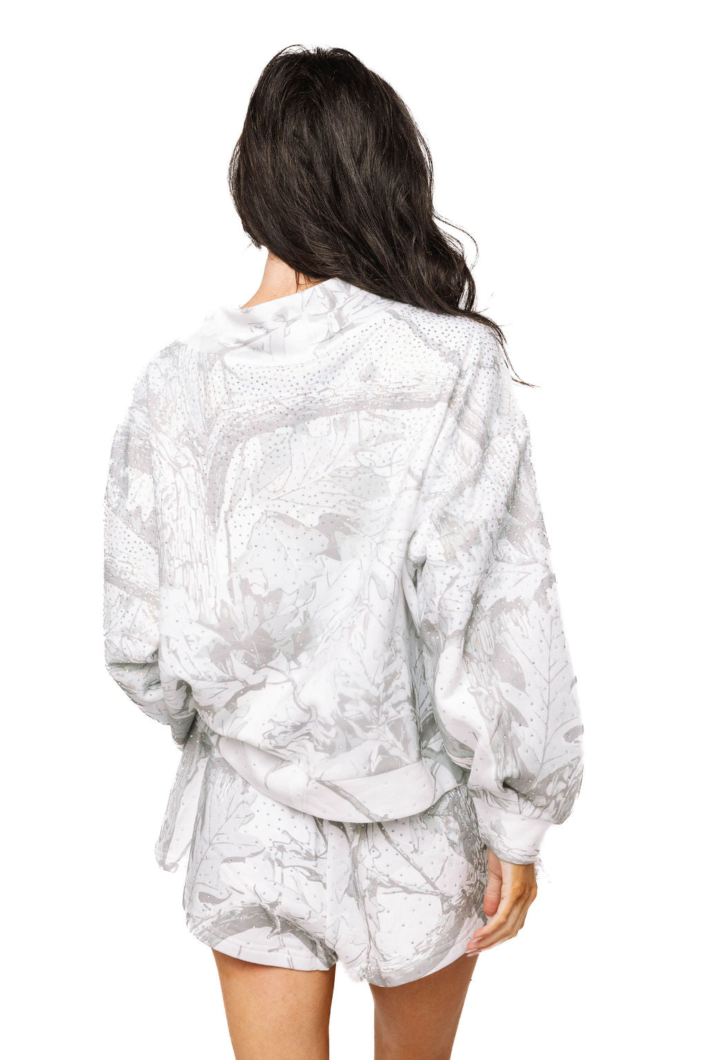 Queen of Sparkles Grey Rhinestone Forest Camo Mockneck Sweatshirt