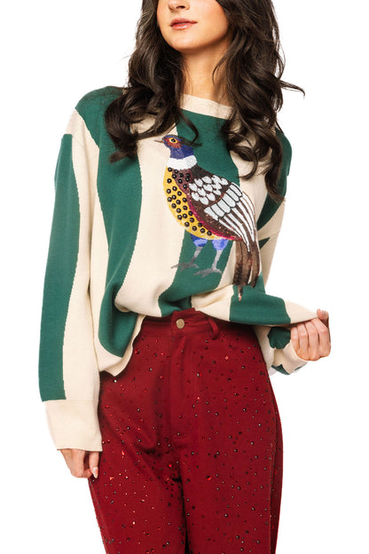 Queen of Sparkles Teal & Beige Wavy Stripe Pheasant Sweater
