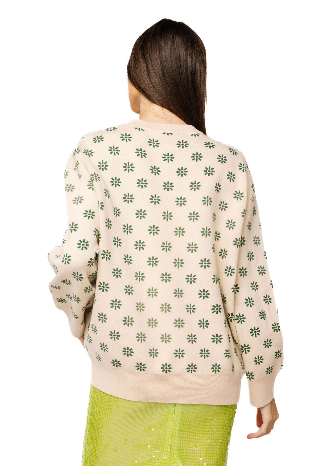 Queen of Sparkles Beige & Green Flower Print Feather Turkey Sweater