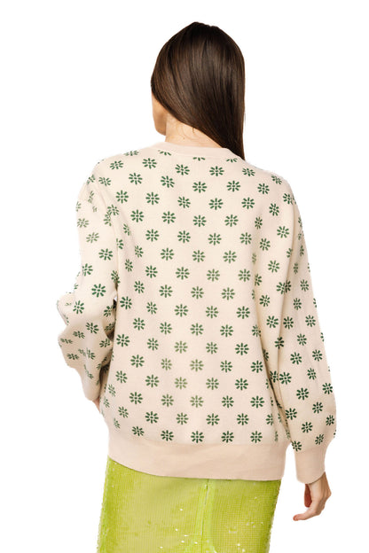 Queen of Sparkles Beige & Green Flower Print Feather Turkey Sweater
