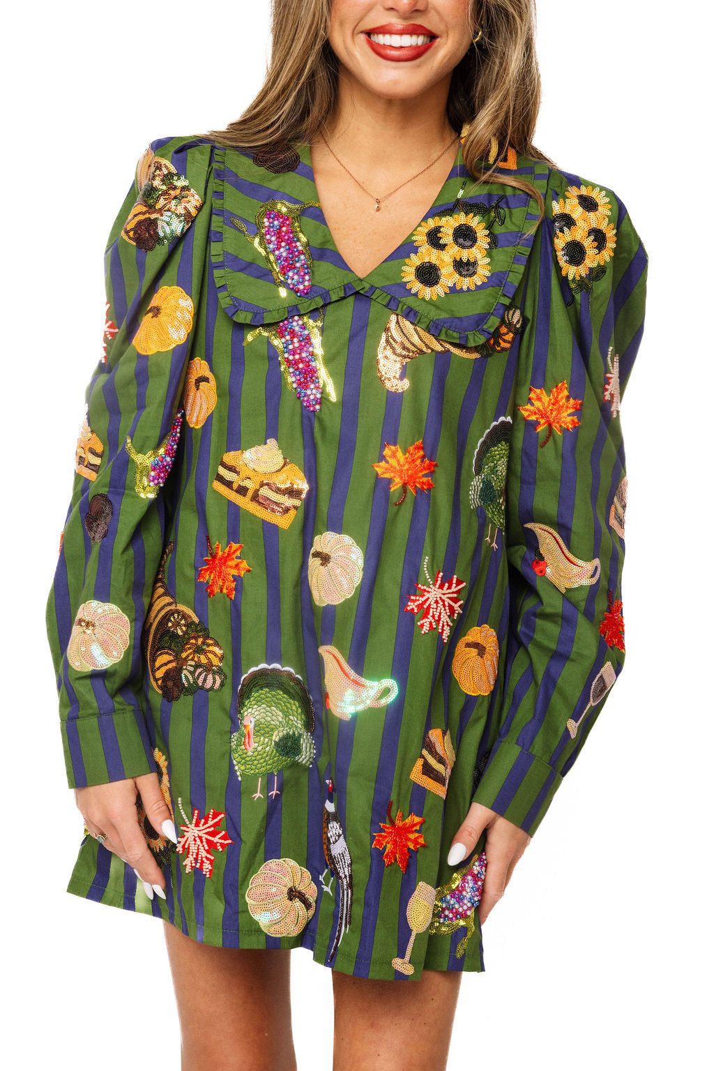 Queen of Sparkles Dark Green & Blue Striped Thanksgiving Icon Collar Cotton Dress