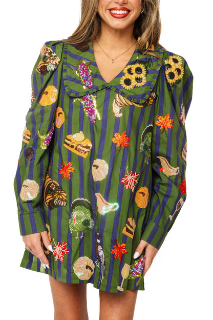 Queen of Sparkles Dark Green & Blue Striped Thanksgiving Icon Collar Cotton Dress
