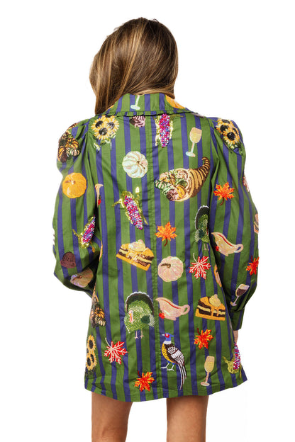Queen of Sparkles Dark Green & Blue Striped Thanksgiving Icon Collar Cotton Dress