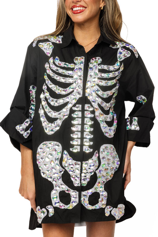 Queen of Sparkles Black Iridescent Jeweled Skeleton Button Up Tunic