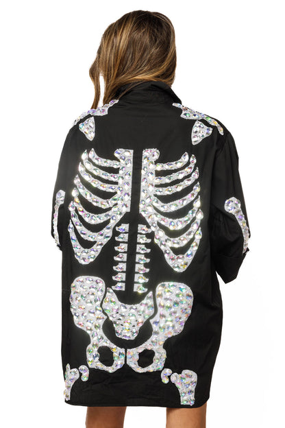 Queen of Sparkles Black Iridescent Jeweled Skeleton Button Up Tunic