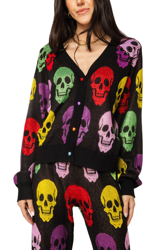 Queen of Sparkles Black Multi Skull Button Rhinestone Cardigan