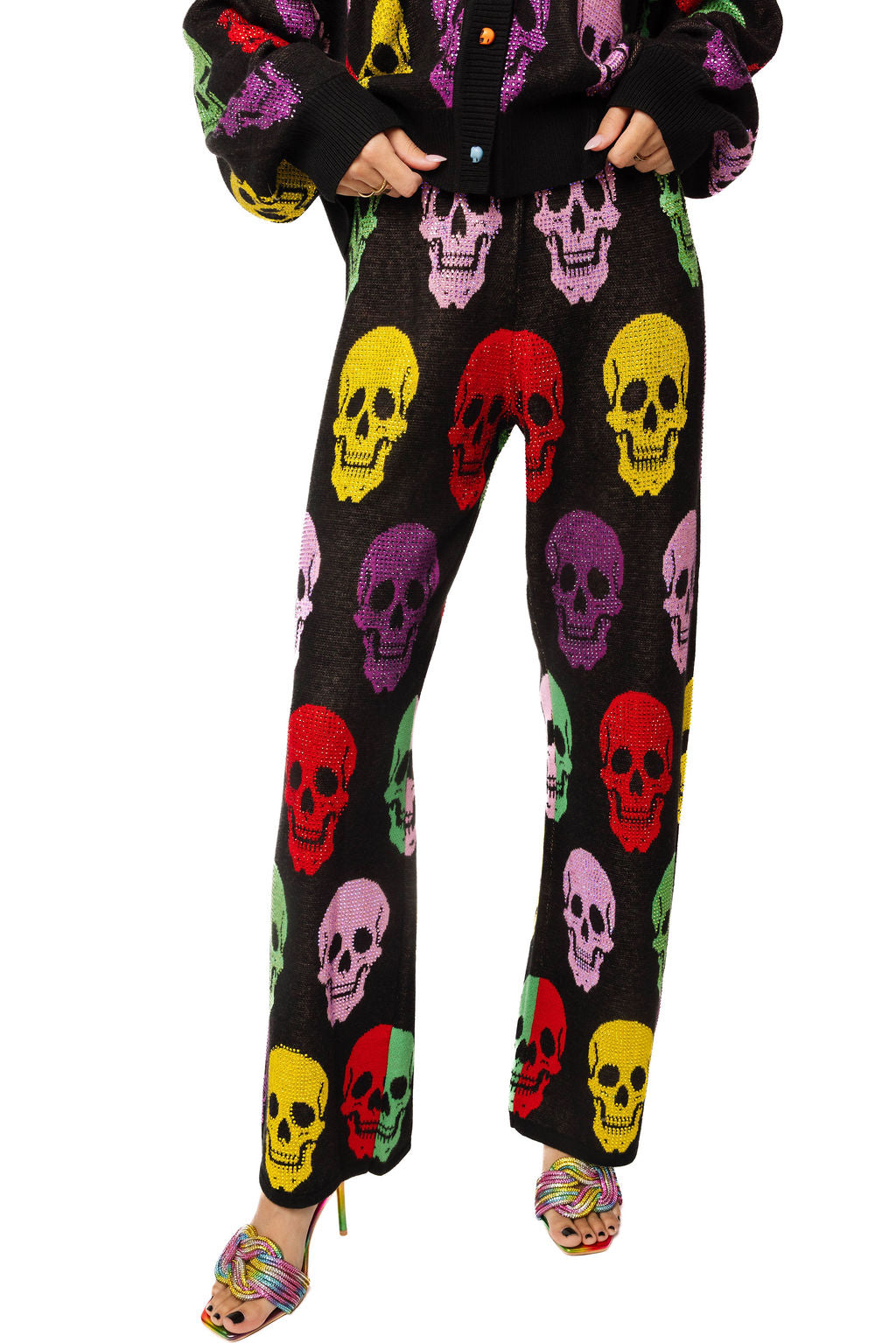 Queen of Sparkles Black Multi Skull Button Rhinestone Knit Pant