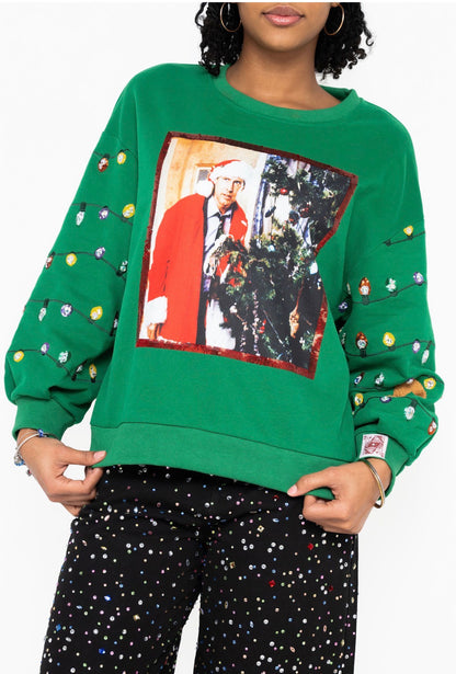 Queen of Sparkles Licensed Green Sequin & Beaded String Light Santa Clark Griswold Sweatshirt