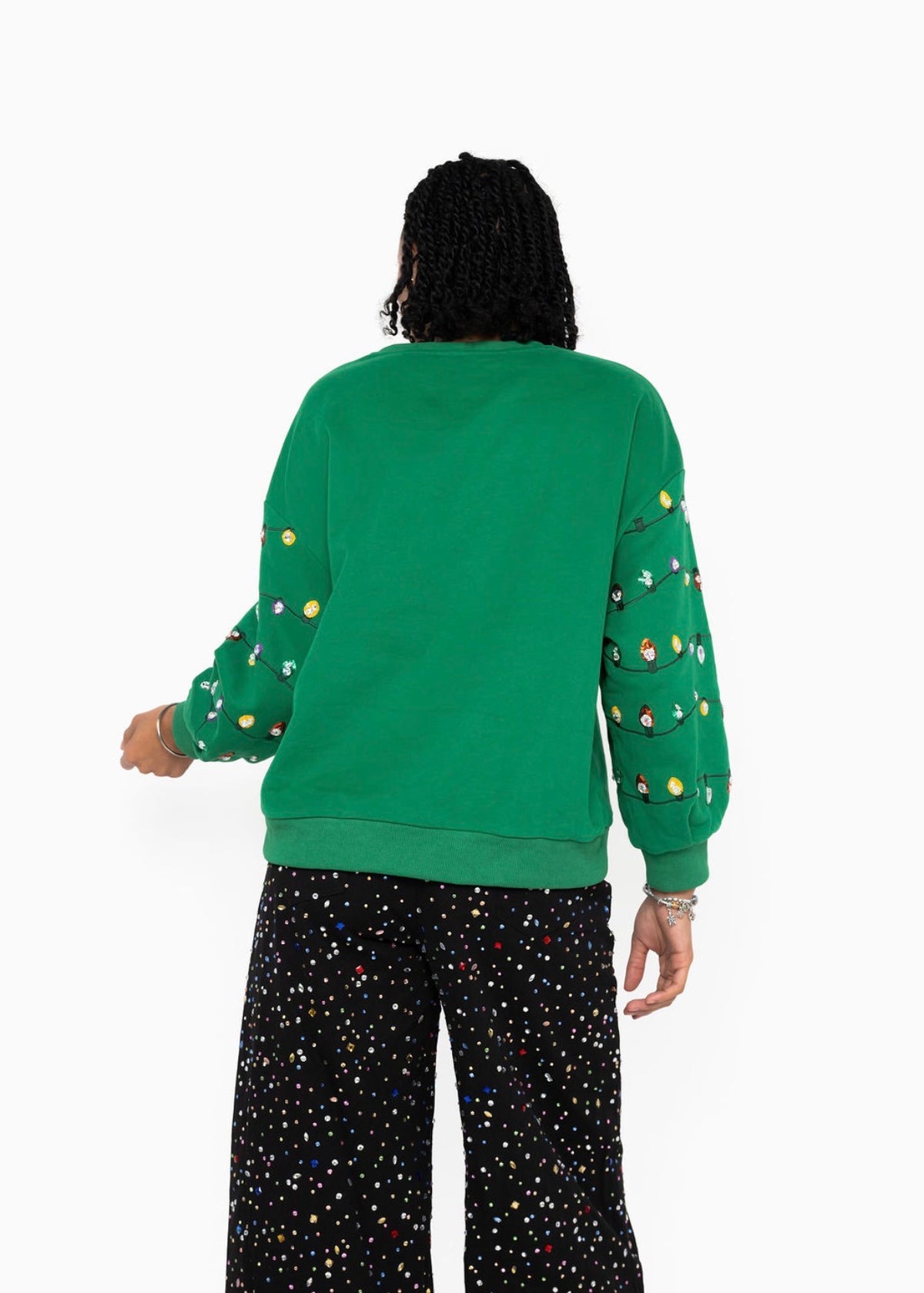 Queen of Sparkles Licensed Green Sequin & Beaded String Light Santa Clark Griswold Sweatshirt