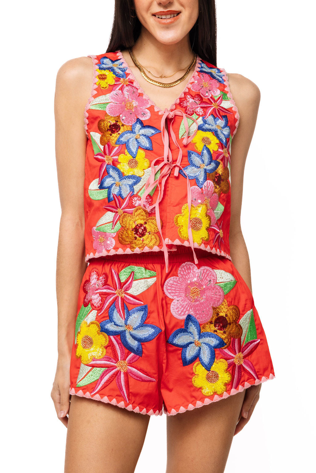 Queen of Sparkles Orange & Pink Embroidered Trim Multi Flower Tie Up Cotton Tank