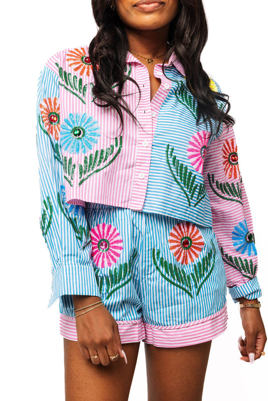 Queen of Sparkles Pink & Blue Striped Cinco Flowers Button Up Collar Top