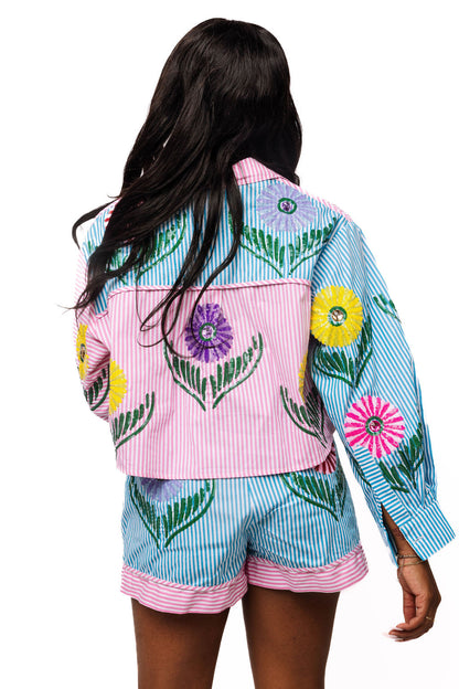 Queen of Sparkles Pink & Blue Striped Cinco Flowers Button Up Collar Top