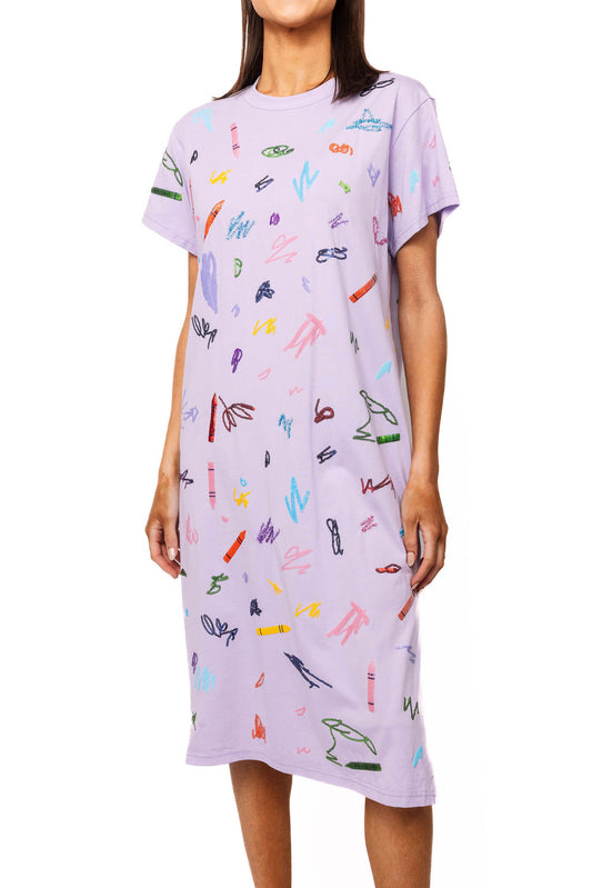 Queen of Sparkles Lavender Multi Crayon Scribble Midi Tee Dress