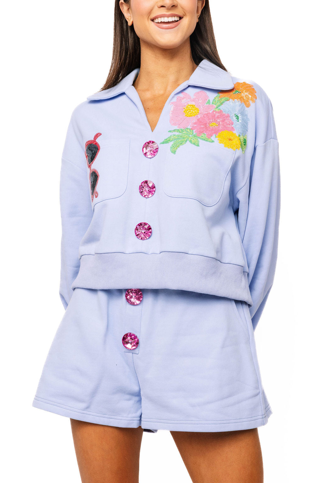 Queen of Sparkles Dusty Blue Jewel Button Flower & Sunglasses In Pocket Collar Sweatshirt