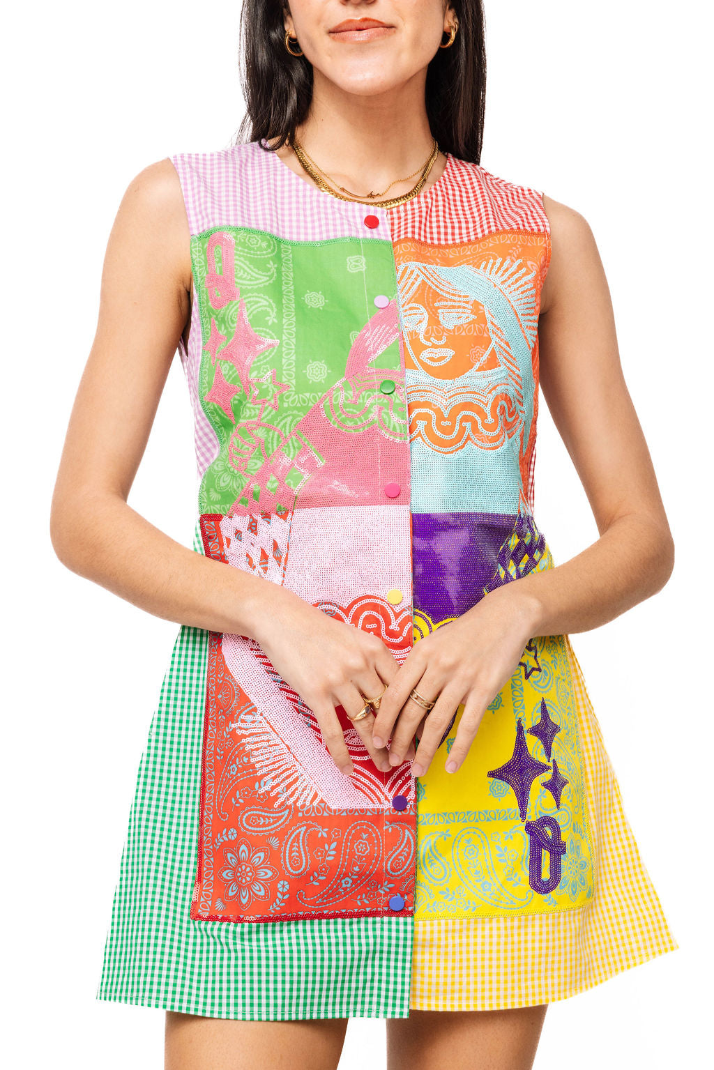 Queen of Sparkles Colorblock Gingham Queen Card Logo Button Up Cotton Tank Dress
