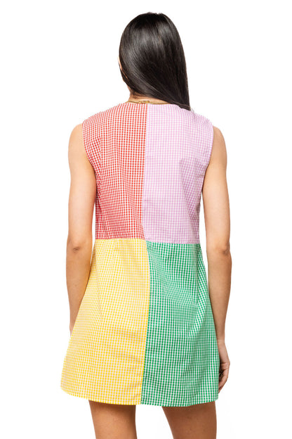 Queen of Sparkles Colorblock Gingham Queen Card Logo Button Up Cotton Tank Dress