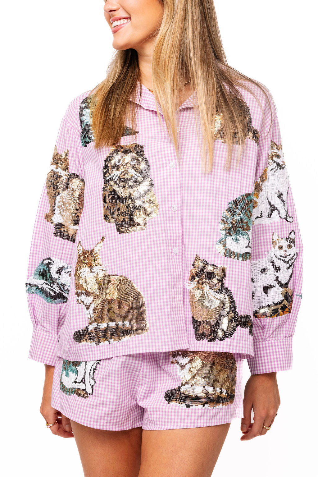 Queen of Sparkles Lavender Gingham Queen Of Cats Button Up Long Sleeve Top