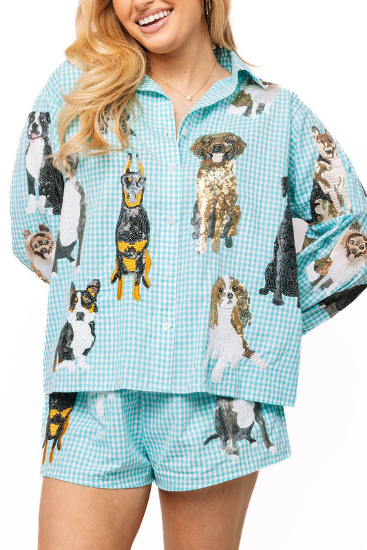 Queen of Sparkles Aqua Gingham Queen Of Dogs Button Up Long Sleeve Top