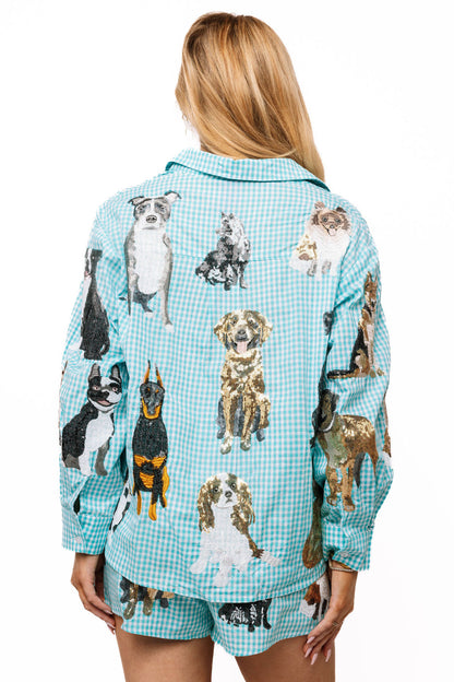 Queen of Sparkles Aqua Gingham Queen Of Dogs Button Up Long Sleeve Top
