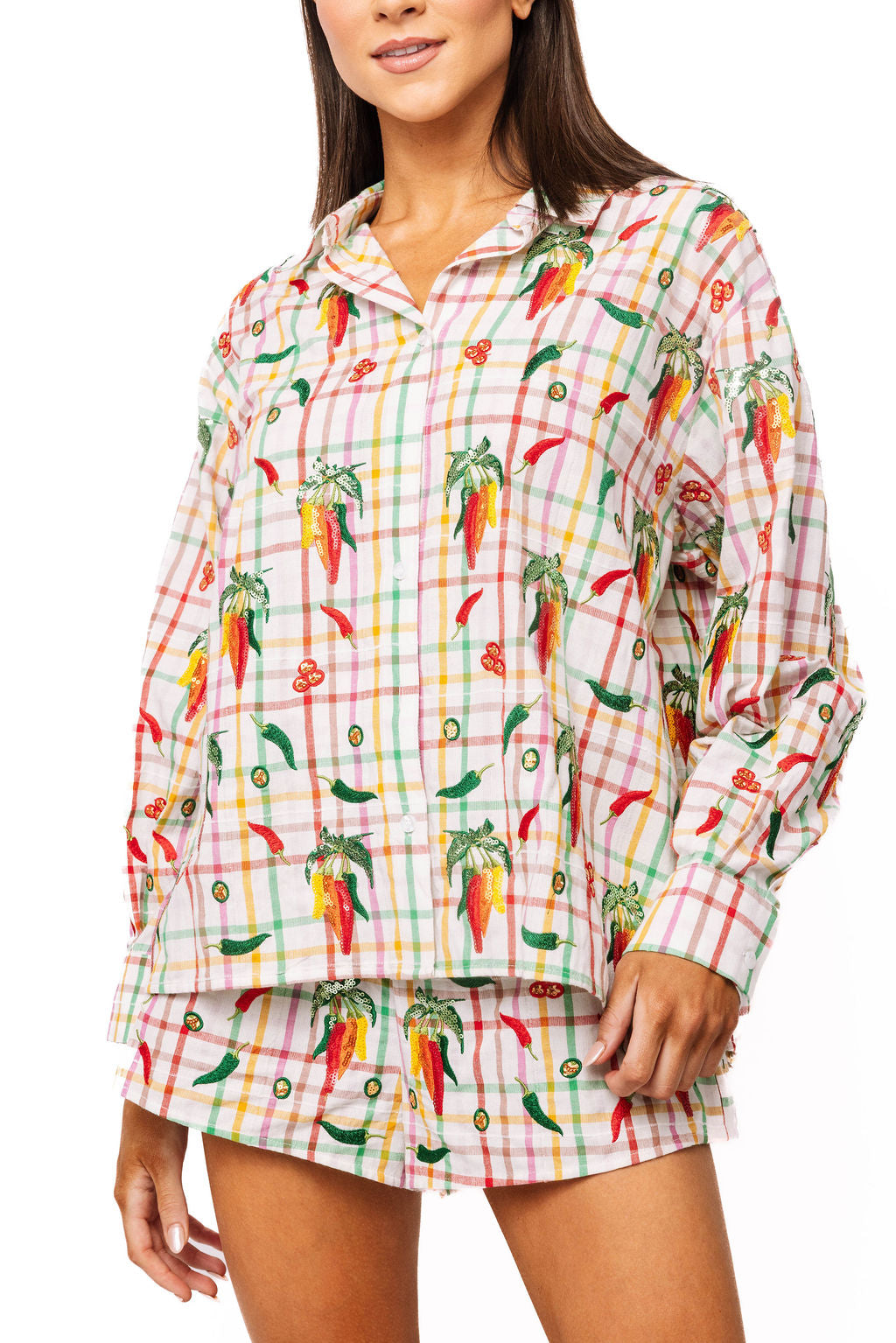 Queen of Sparkles Rainbow Plaid Chili Pepper Button Up Cotton Top