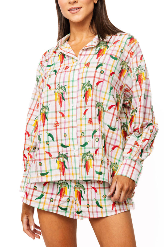 Queen of Sparkles Rainbow Plaid Chili Pepper Button Up Cotton Top