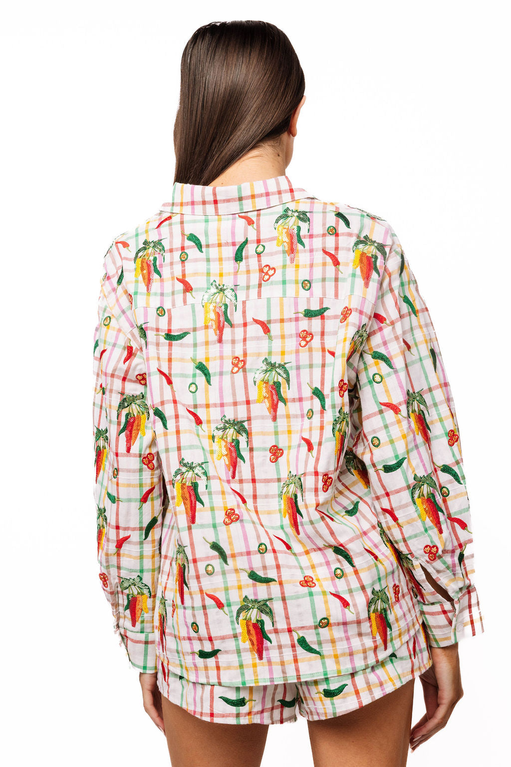 Queen of Sparkles Rainbow Plaid Chili Pepper Button Up Cotton Top