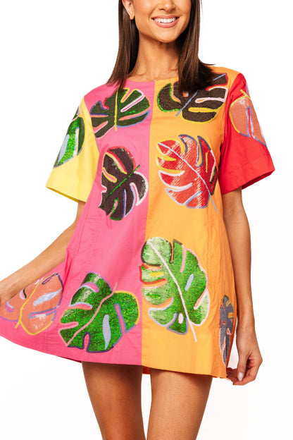 Queen of Sparkles Colorblock Cotton Palm Leave Short Sleeve Dress