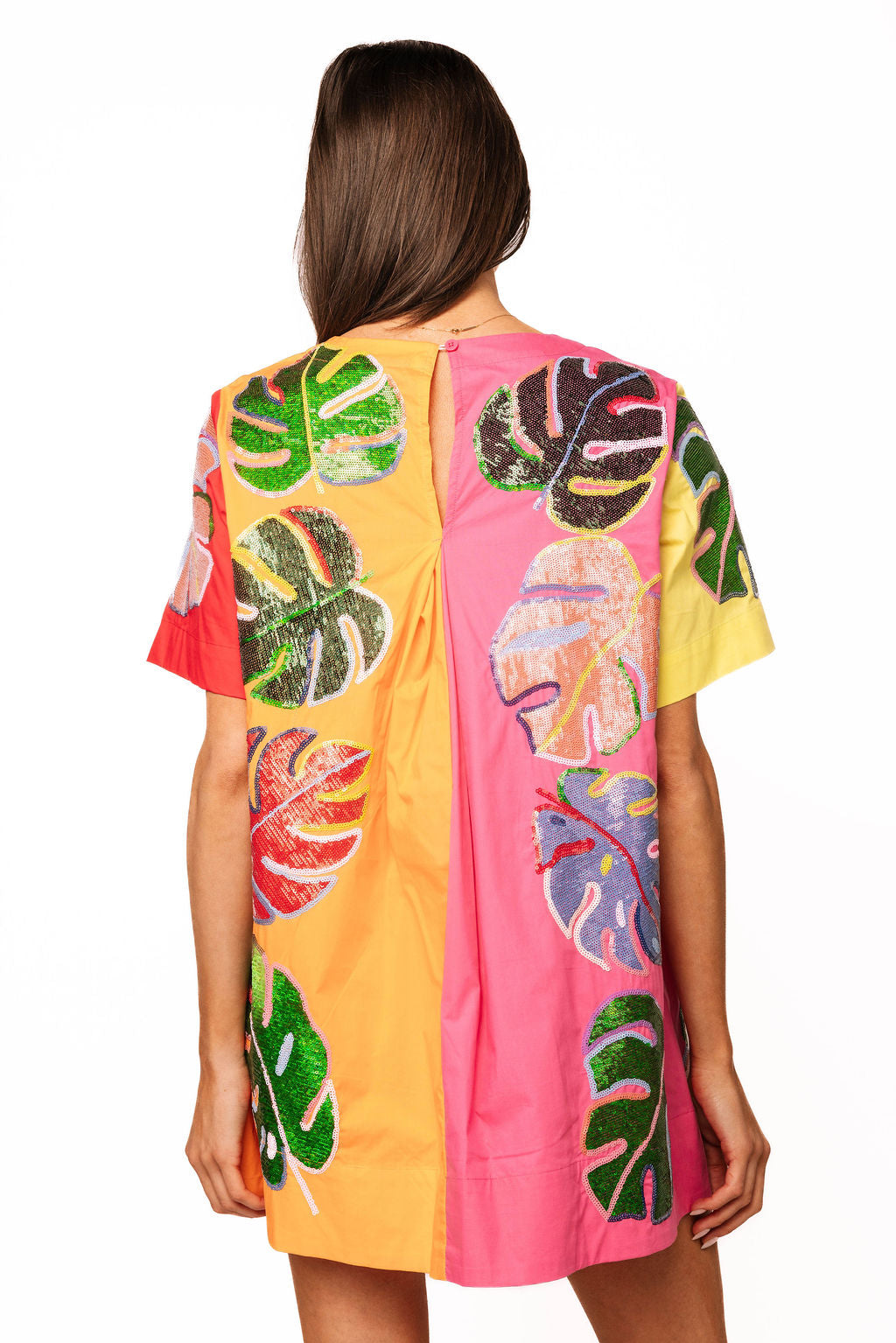 Queen of Sparkles Colorblock Cotton Palm Leave Short Sleeve Dress