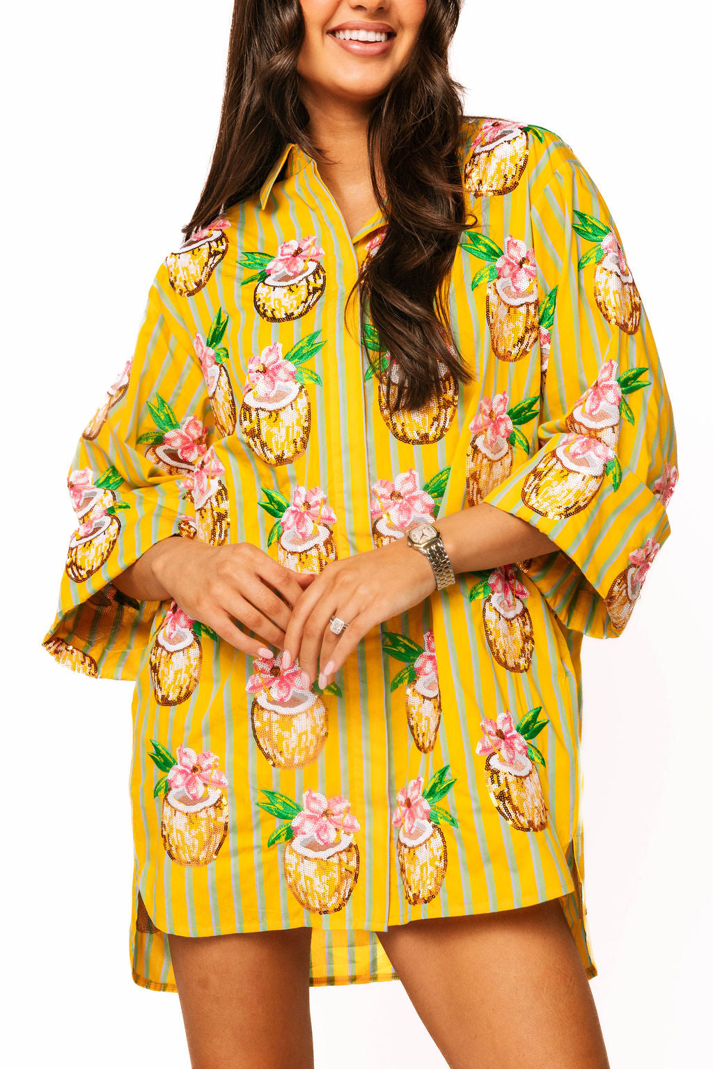 Queen of Sparkles Yellow Striped Coconut Drink Button Up Cotton Tunic