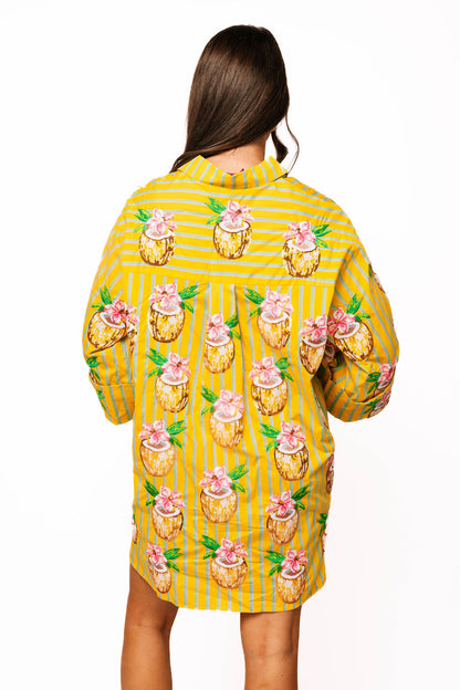 Queen of Sparkles Yellow Striped Coconut Drink Button Up Cotton Tunic