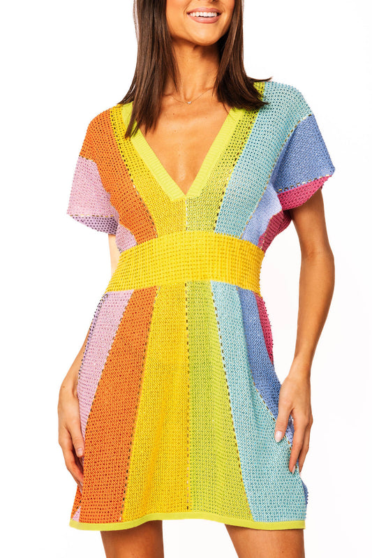 Queen of Sparkles Rainbow Rhinestone V Neck Dress
