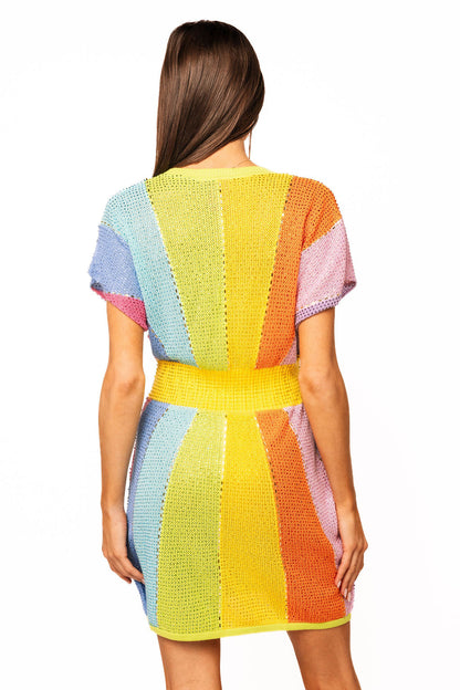 Queen of Sparkles Rainbow Rhinestone V Neck Dress