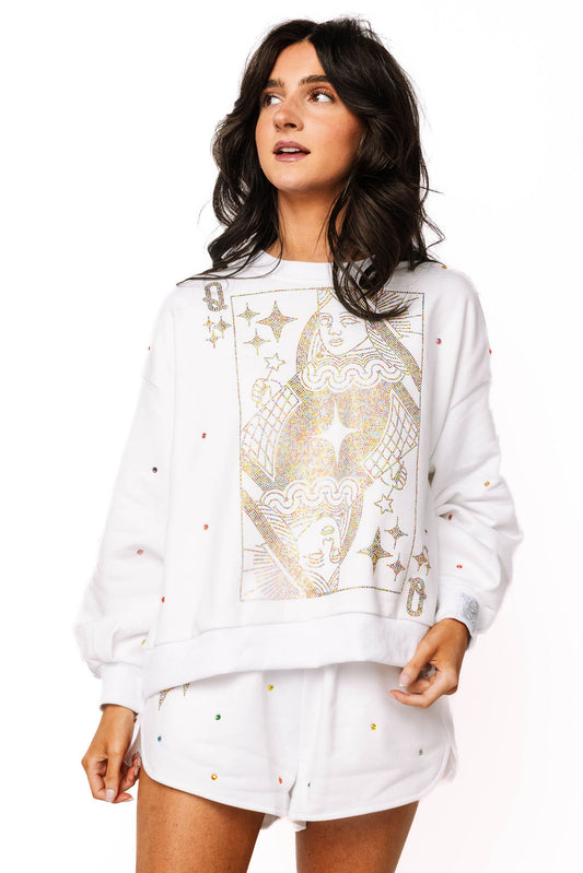 Queen of Sparkles White Rainbow Scattered Rhinstone Qos Card Sweatshirt