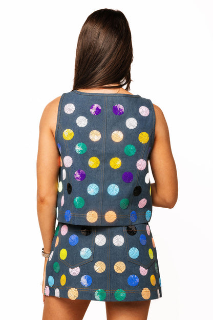 Queen of Sparkles Denim Multi Polka Dot Skort