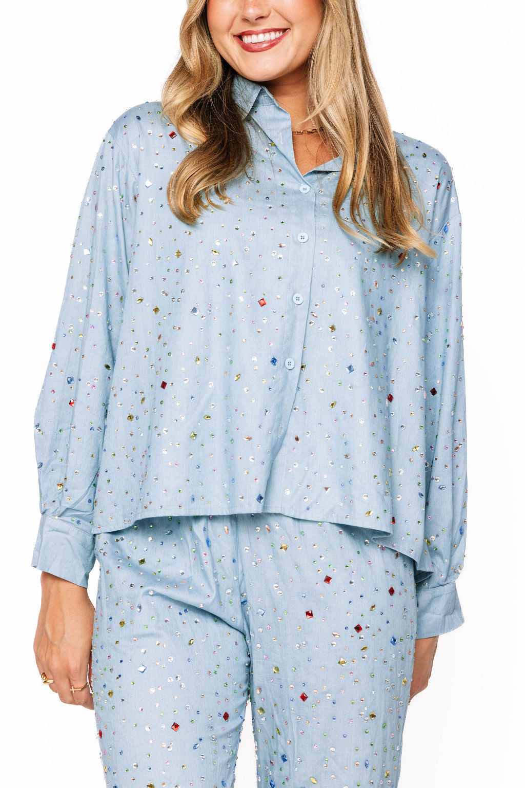 Queen of Sparkles Chambray Gemstone Button Up Top