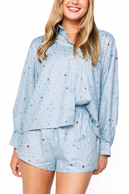 Queen of Sparkles Chambray Gemstone Button Up Top