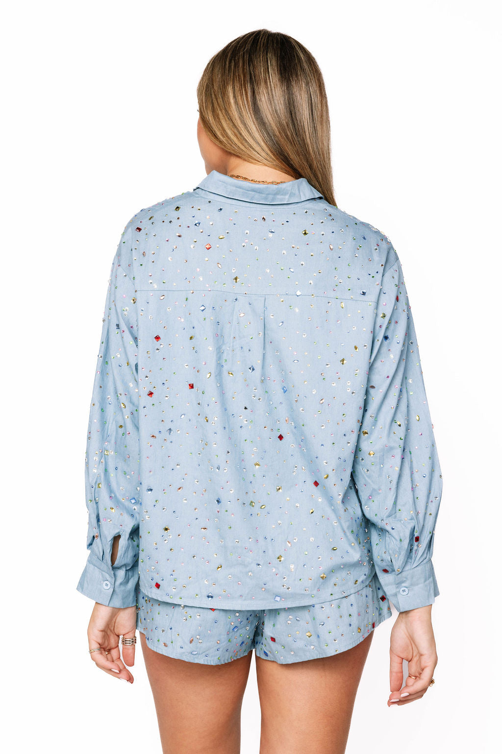 Queen of Sparkles Chambray Gemstone Button Up Top